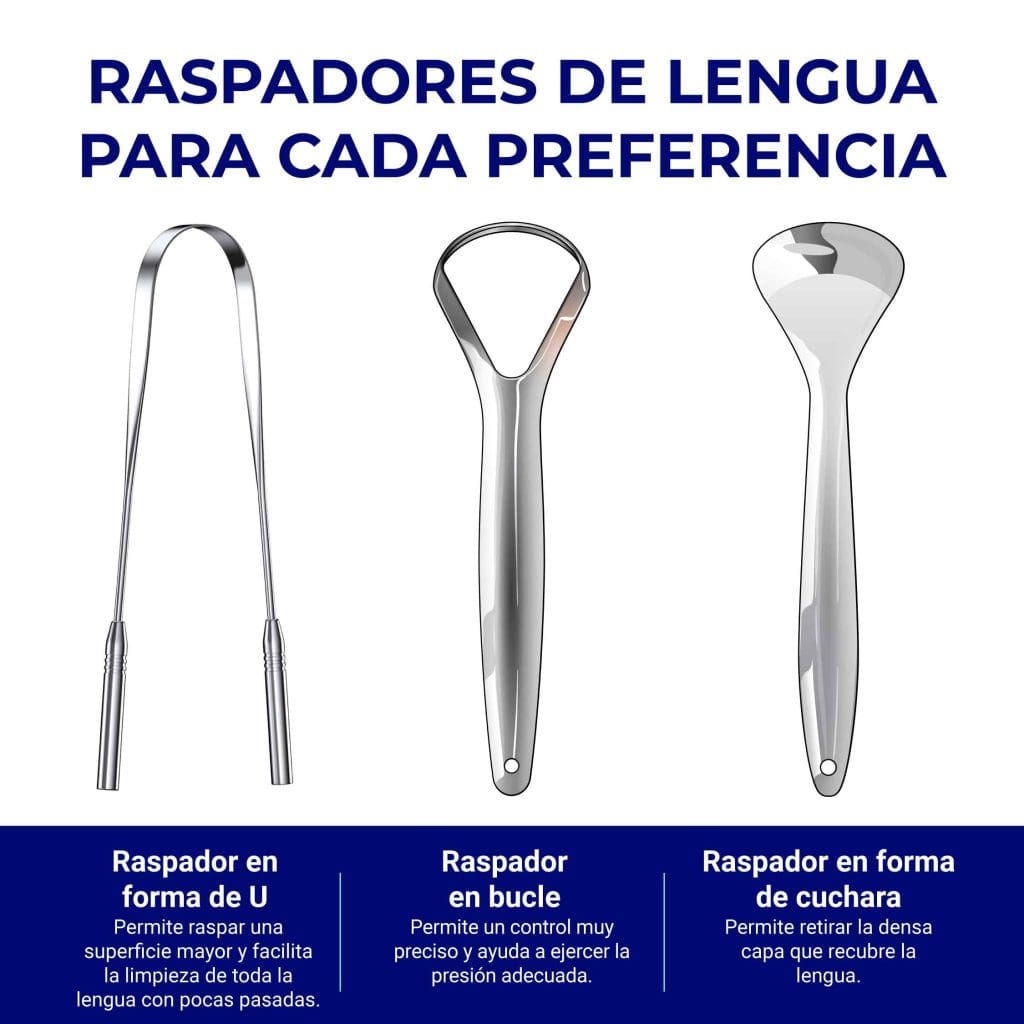 Raschietti por lengua de diferentes formas: en forma de U, ovalada y cucchiaio