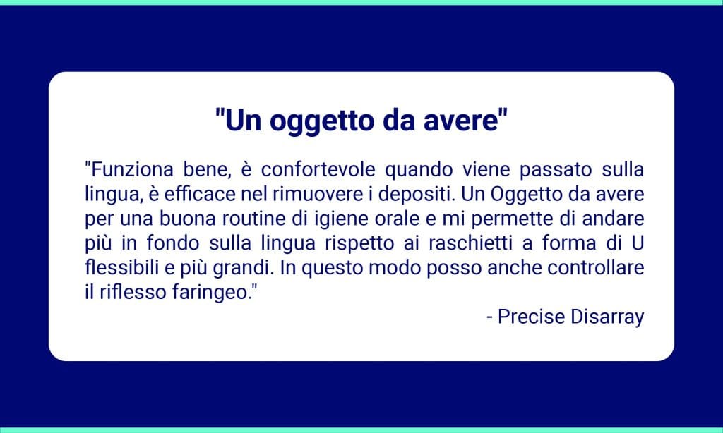Recensione di un utente Amazon sul raschietto per lingua Oravix