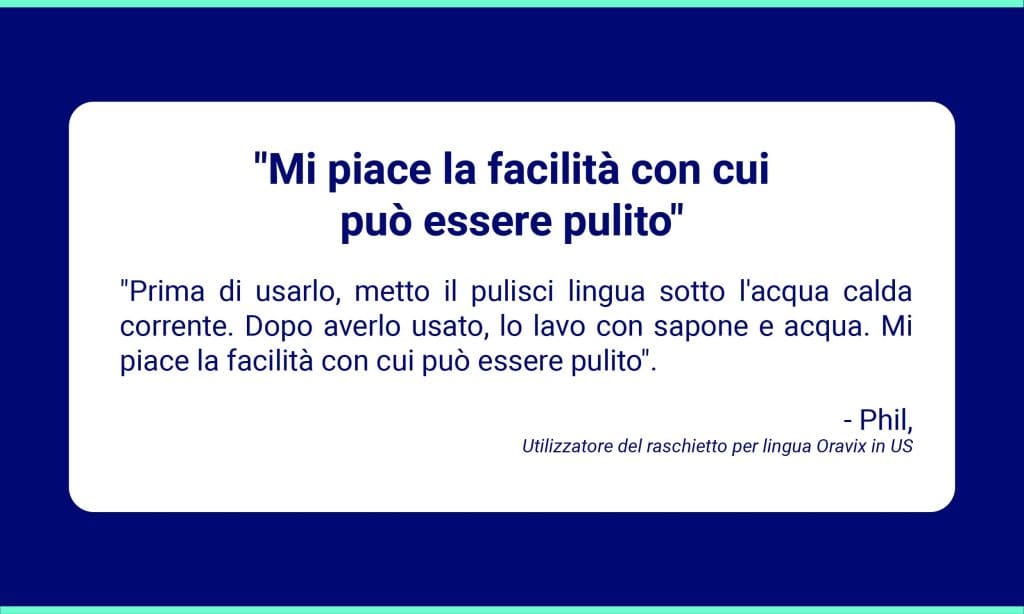 Recensione di un utente Amazon sul raschietto per lingua Oravix