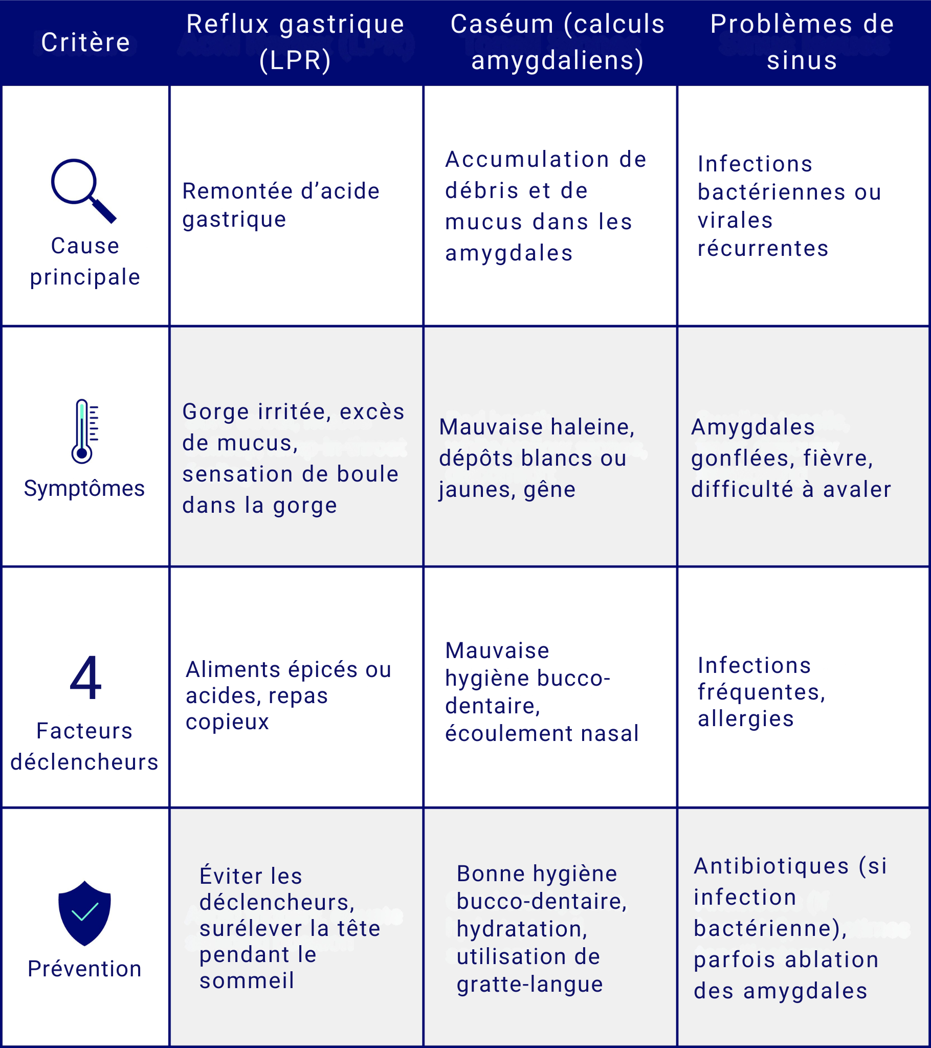 résumé les principales différences dans le tableau ci-dessous